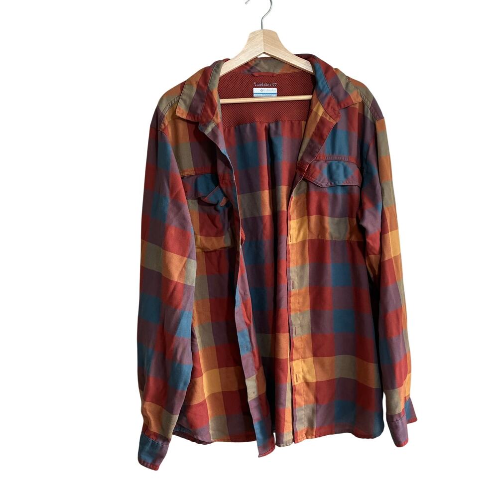 Columbia lumberjack long sleeved button down RIPPED ELBOWS boho shirt men's L